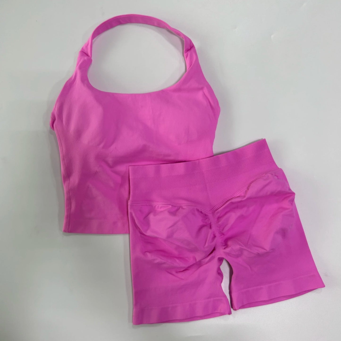 Yoga 2 Pieces Gym Set Backless Halter Tops High Waist Seamless Fitness Sports Bras Sportswear Workout Sets