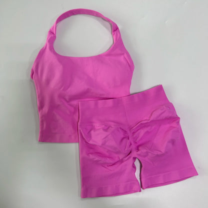 Yoga 2 Pieces Gym Set Backless Halter Tops High Waist Seamless Fitness Sports Bras Sportswear Workout Sets