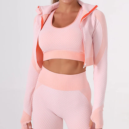 3PC Seamless Gym Clothing Workout Outfit with Jacket Bra & Leggings Set Yoga Suit for Sports Fitness