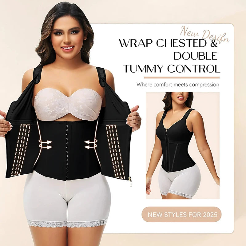 Double Compression Vest Bra Waist Trainer Corset with 17 Steel Bone Flat Belly Strap Slim Body Shaper