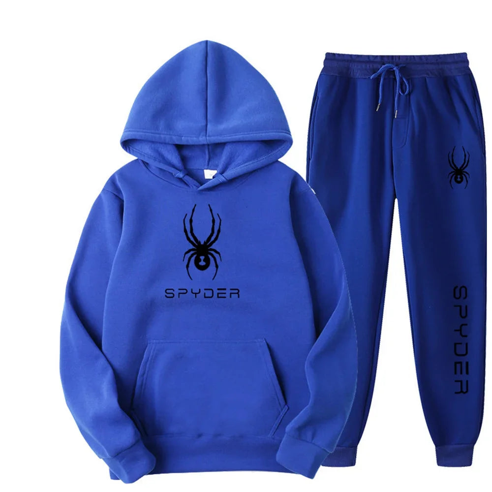 .A casual sports outfit consisting of a long-sleeved hooded t-shirt and elastic-waist pants.