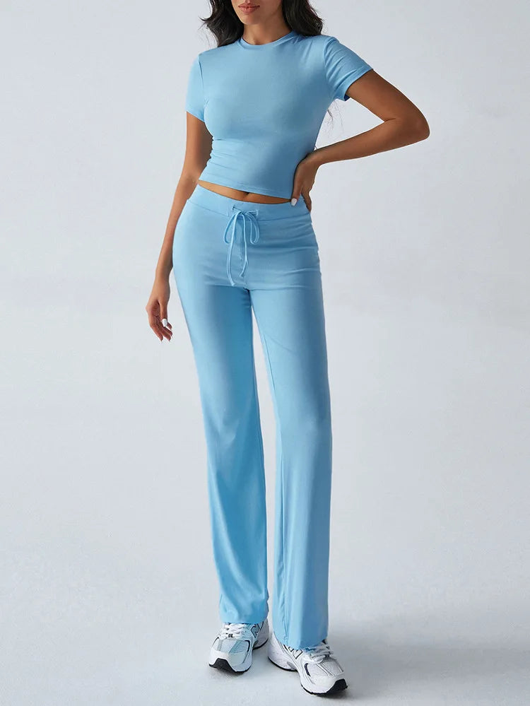 Women's Casual Lounge Set - Short Sleeve Top & Pants Two Piece, Home Wear Yoga Outfit