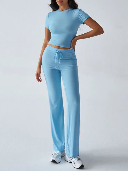 Women's Casual Lounge Set - Short Sleeve Top & Pants Two Piece, Home Wear Yoga Outfit