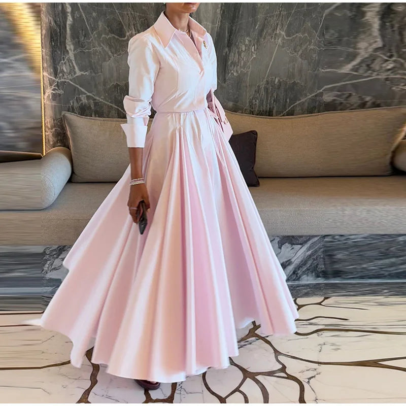 Casual Striped Women Summer Dress Lapel Single Breast Half Sleeve Slim Waist Long Dresses 2026 Autumn Lady Fashion Vacation Robe