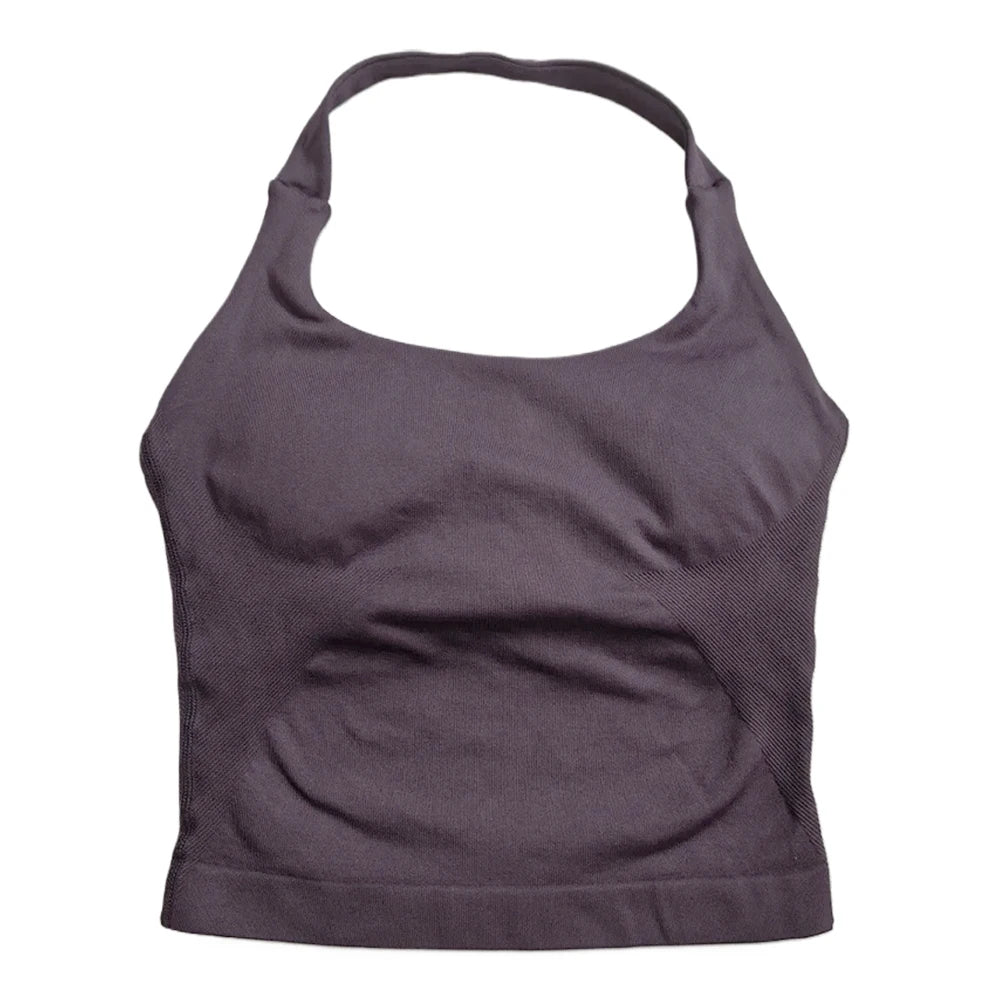 Strappy Workout Tank Top Padded Sports Bra Backless Yoga Shirts Seamless Gym Crop Top Halter