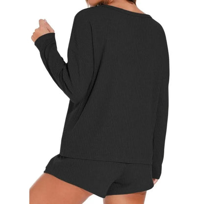 Women's Casual Home Wear Long Sleeved Shorts Set Outerwear Knitted Pajamas