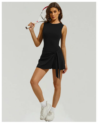 Sleeveless Tennis Dress Built In Shorts Golf Workout Sarong Wrap Backless Skirt Quick Drying Jumpsuit