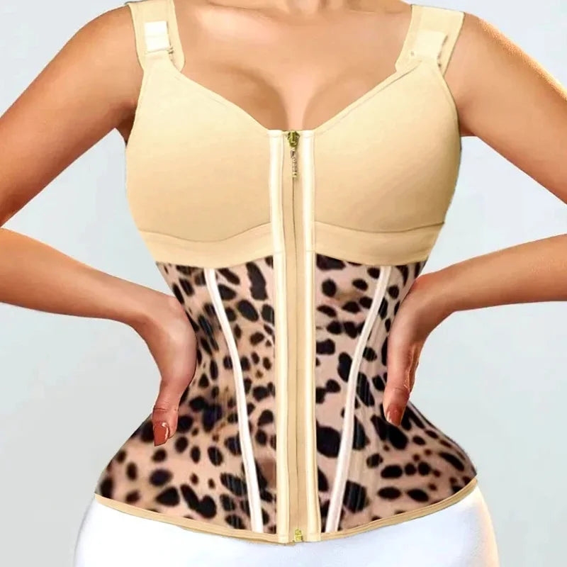 Double Compression Vest Bra Waist Trainer Corset with 17 Steel Bone Flat Belly Strap Slim Body Shaper