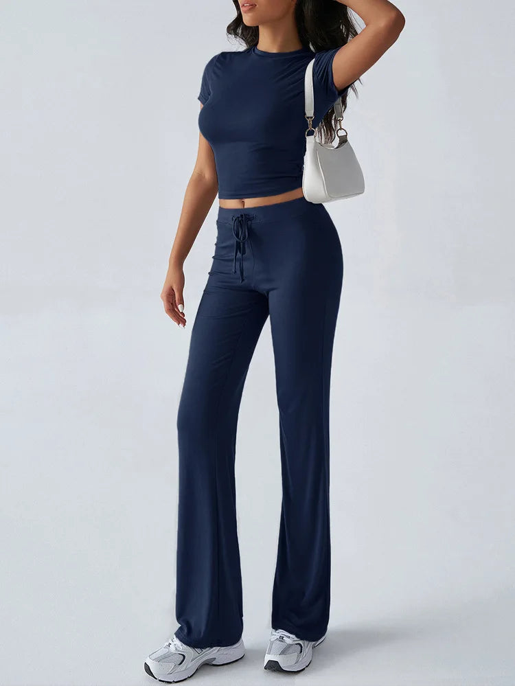 Women's Casual Lounge Set - Short Sleeve Top & Pants Two Piece, Home Wear Yoga Outfit