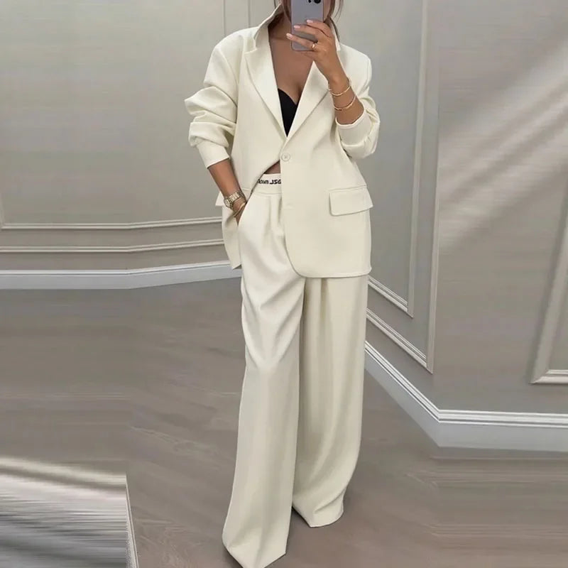 Casual Women's Suit Set  Sexy Turn down Collar Button Blazer & Straight-leg Pants Set Winter Solid Long Sleeve Chic Outfit
