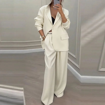 Casual Women's Suit Set  Sexy Turn down Collar Button Blazer & Straight-leg Pants Set Winter Solid Long Sleeve Chic Outfit