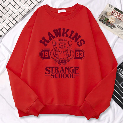 Casual Womens Sweatshirt Hawkins High School Indiana 1983 Printing Hoodies Loose Crewneck Pullovers Warm Fleece