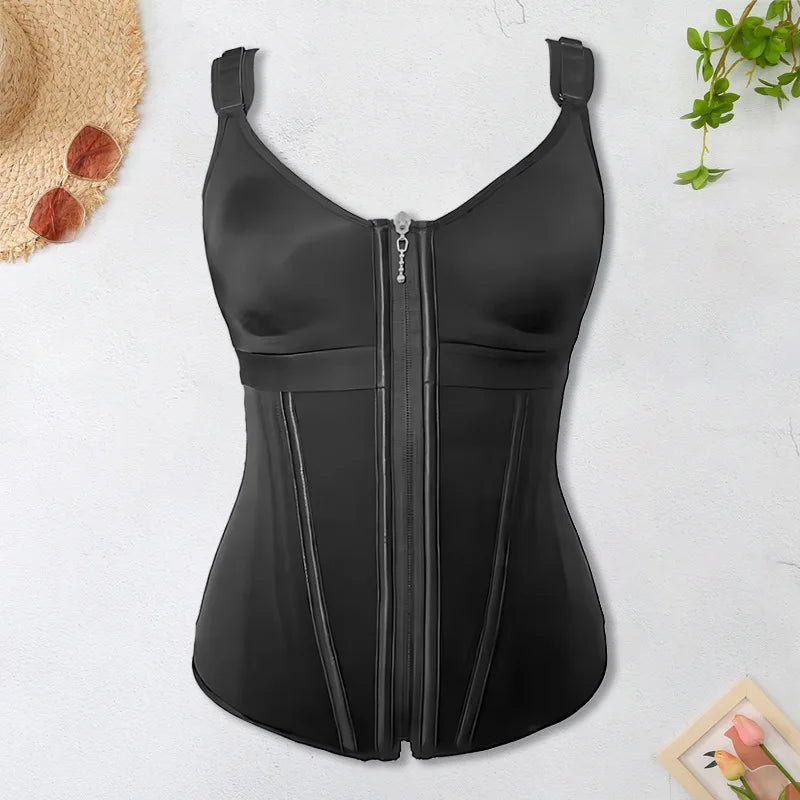 Double Compression Vest Bra Waist Trainer Corset with 17 Steel Bone Flat Belly Strap Slim Body Shaper