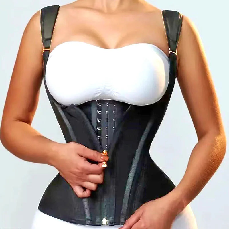 Double Compression Vest Bra Waist Trainer Corset with 17 Steel Bone Flat Belly Strap Slim Body Shaper