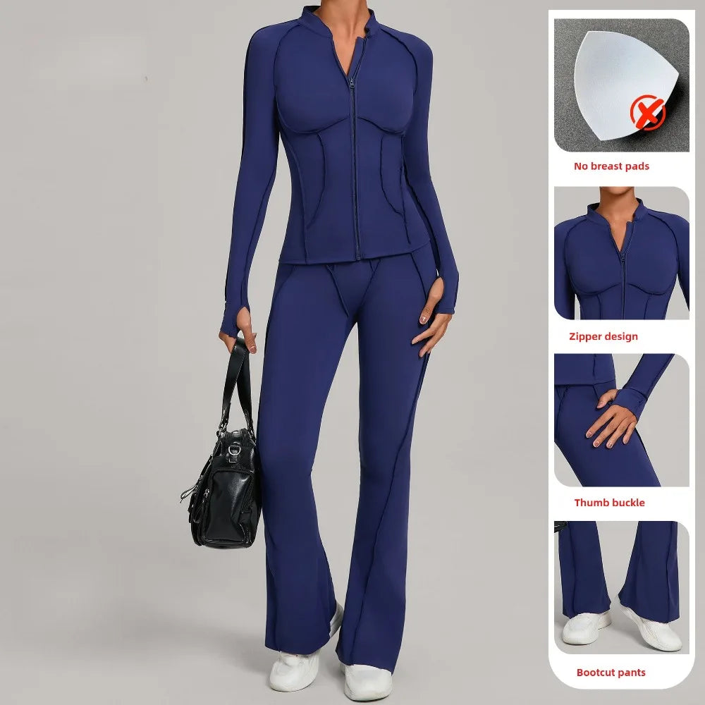 Gym Yoga Outfit Zipper Long Sleeve Fitness Suit Daily Casual Fitness Sportswear Two-Piece Sets