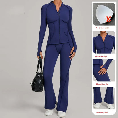 Gym Yoga Outfit Zipper Long Sleeve Fitness Suit Daily Casual Fitness Sportswear Two-Piece Sets