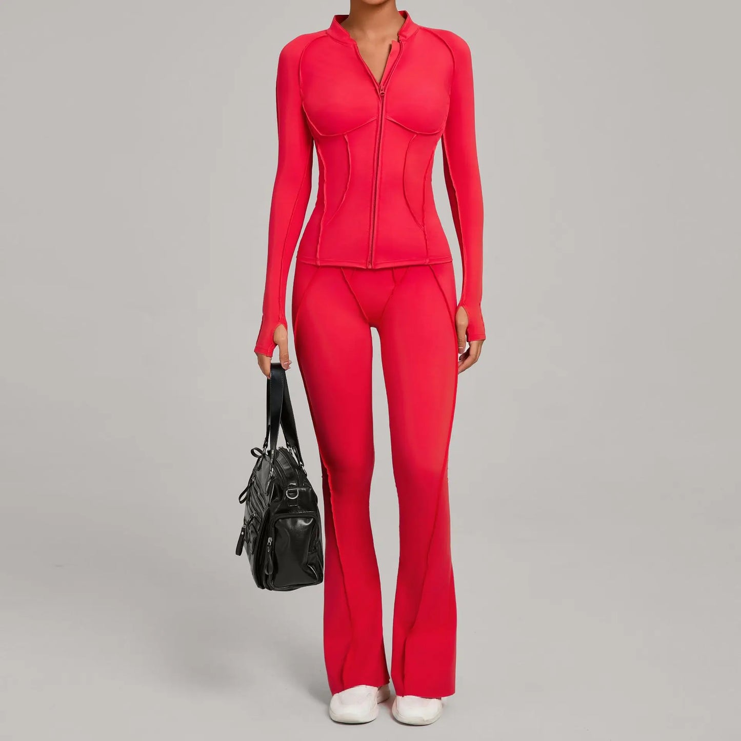 Gym Yoga Outfit Zipper Long Sleeve Fitness Suit Daily Casual Fitness Sportswear Two-Piece Sets