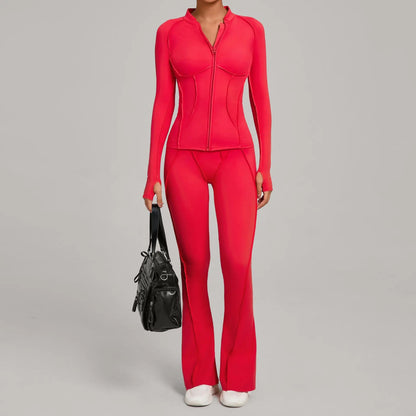 Gym Yoga Outfit Zipper Long Sleeve Fitness Suit Daily Casual Fitness Sportswear Two-Piece Sets