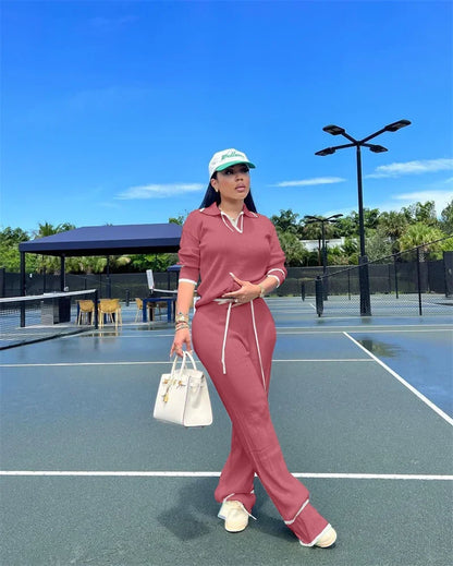 Active Wear Knitted Casual Tracksuit for Women Two Piece Set Sporty Fitness Striped Sweater Top and Wide Leg Pants Jogging Femme