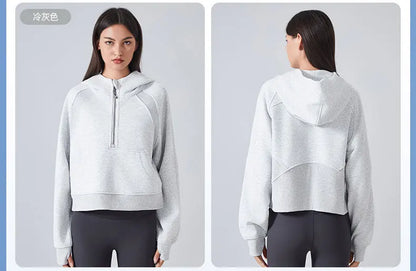 Women's Half-Zip Hoodies Fleece Sweatshirt Sports Jacket with Thumbhole