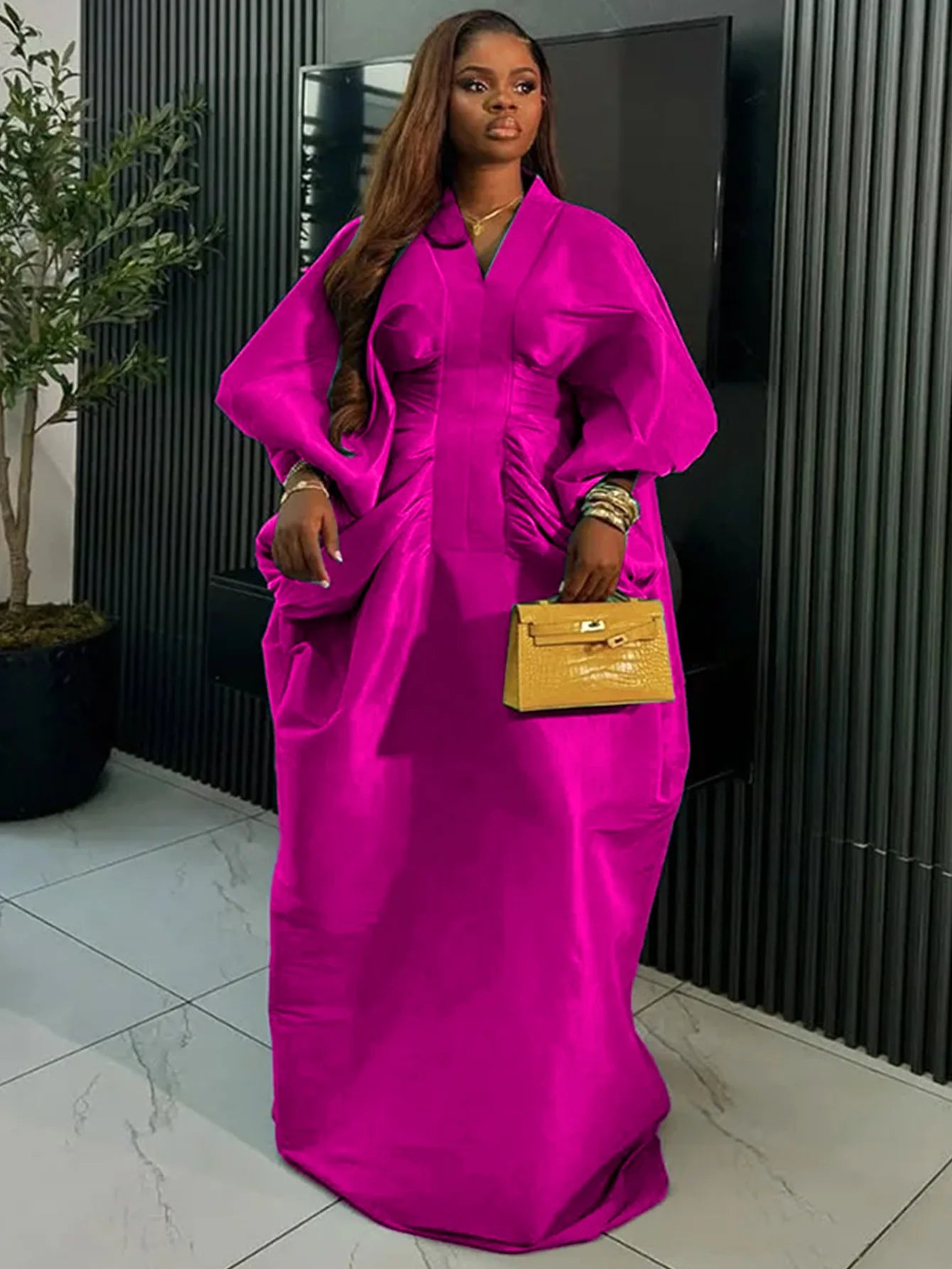 casual dresses loose V-neck long sleeved elegant party evening dresses pleated waist