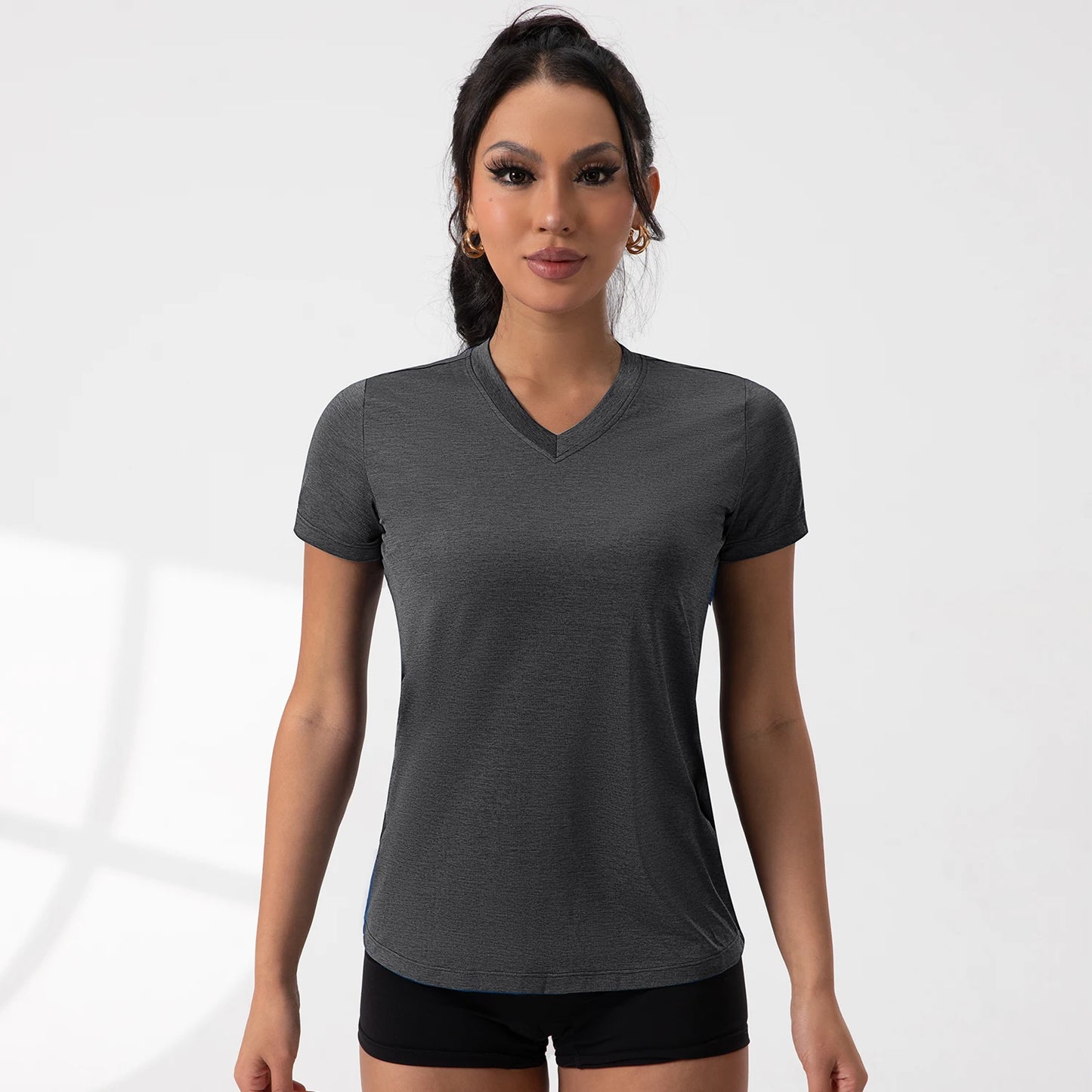 Yoga Shirts V-Neck Pleated Short Sleeve Sports Top Loose Solid Color Exercise Tee 5 Colors Gym Wear