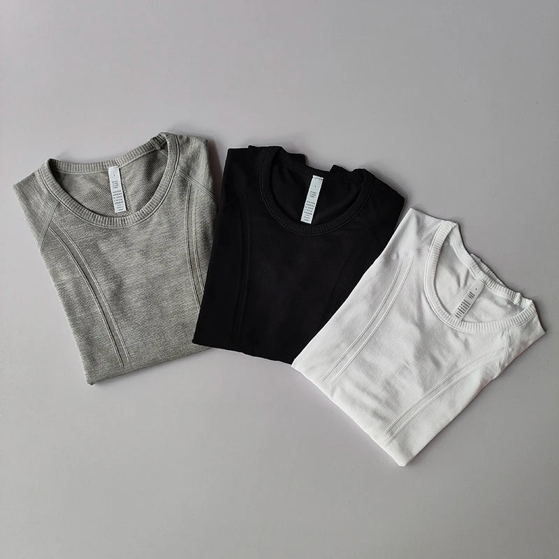 Yoga Clothes Sports Tops, Round Neck,, Seamless, Slim, Fitness Workout Long Sleeves Gym T shirt,
