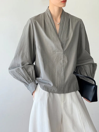 Women Casual Blouses V-Neck Puff Sleeve Office Blouses Fashion Shirts