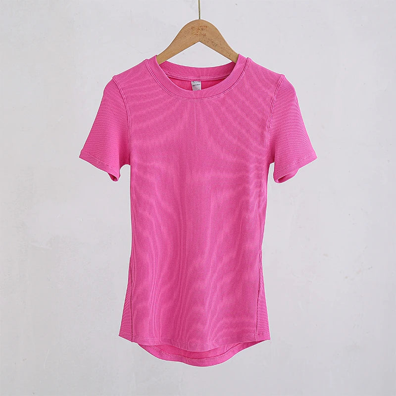 Women Yoga Tops Pilates Aerobic Clothes Tight Short Sleeve Workout Sport Fitness Gym T-shirt Slim Sportswear Blouse
