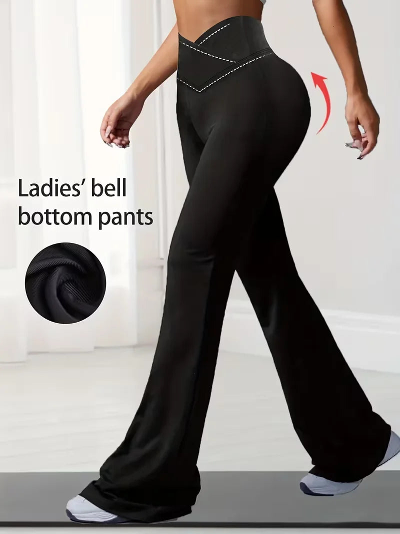 Women's elastic fitness pants, solid color high waist bell-bottoms with abdominal shaping design
