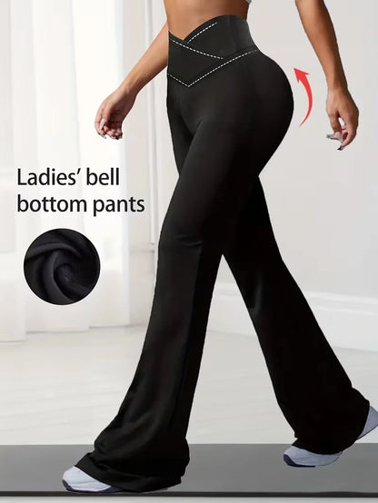 Women's elastic fitness pants, solid color high waist bell-bottoms with abdominal shaping design