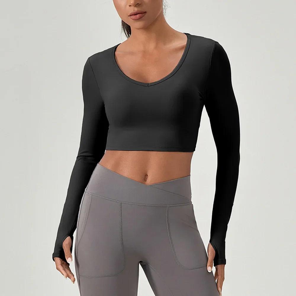 Yoga Wear Tight Long-sleeved Shirt with Chest Pads Crossed Beautiful Back Sports Top Quick-drying  Fitness Wear