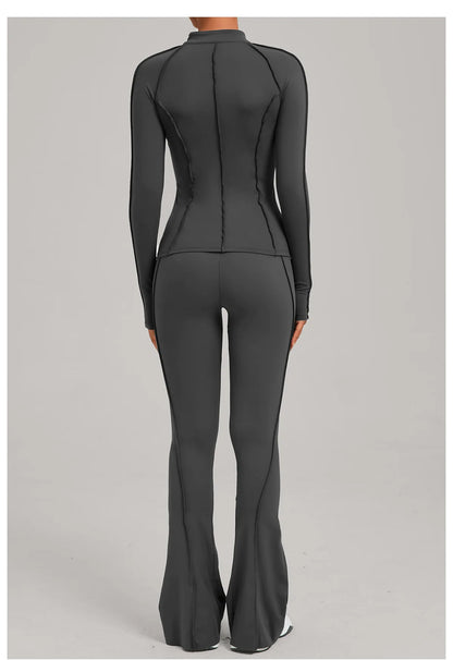 Gym Yoga Outfit Zipper Long Sleeve Fitness Suit Daily Casual Fitness Sportswear Two-Piece Sets