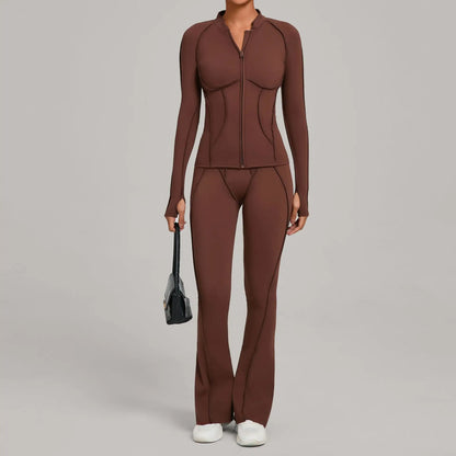 Gym Yoga Outfit Zipper Long Sleeve Fitness Suit Daily Casual Fitness Sportswear Two-Piece Sets