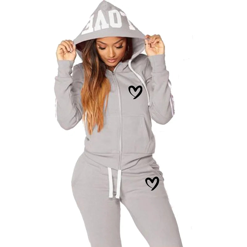 Fashion Women Hooded Jacket Casual Zipper Hoodies and Trousers  Two Piece Suits