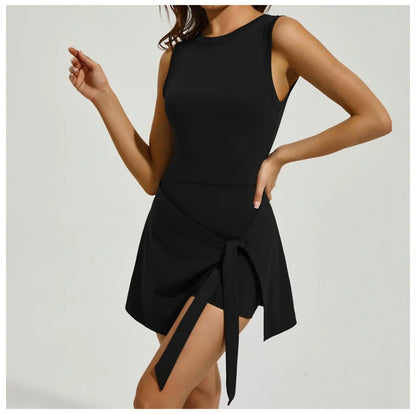 Sleeveless Tennis Dress Built In Shorts Golf Workout Sarong Wrap Backless Skirt Quick Drying Jumpsuit