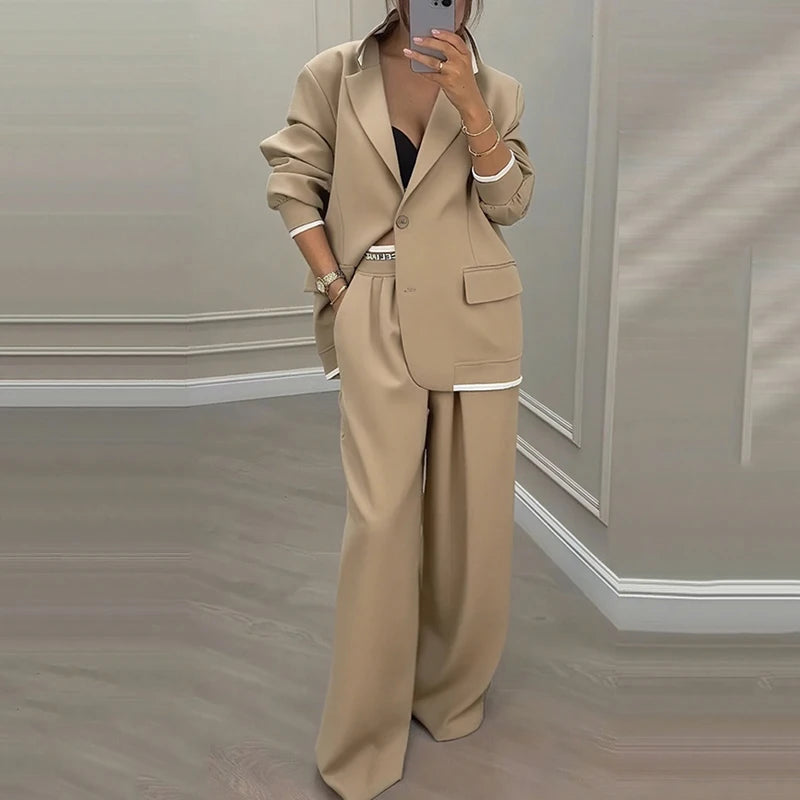 Casual Women's Suit Set  Sexy Turn down Collar Button Blazer & Straight-leg Pants Set Winter Solid Long Sleeve Chic Outfit