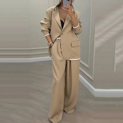 Casual Women's Suit Set  Sexy Turn down Collar Button Blazer & Straight-leg Pants Set Winter Solid Long Sleeve Chic Outfit