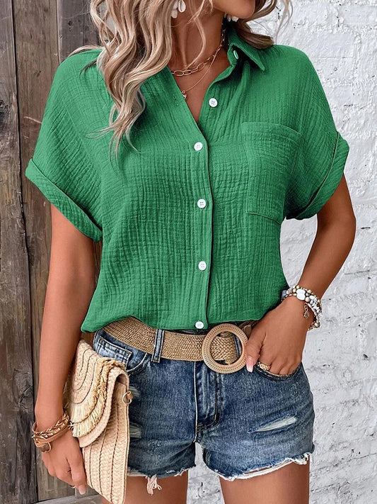 Women Casual Cotton Blouse Vintage Short Sleeve Slim Shirt Elegant Turn Down Collar Solid Tunics Streetwear