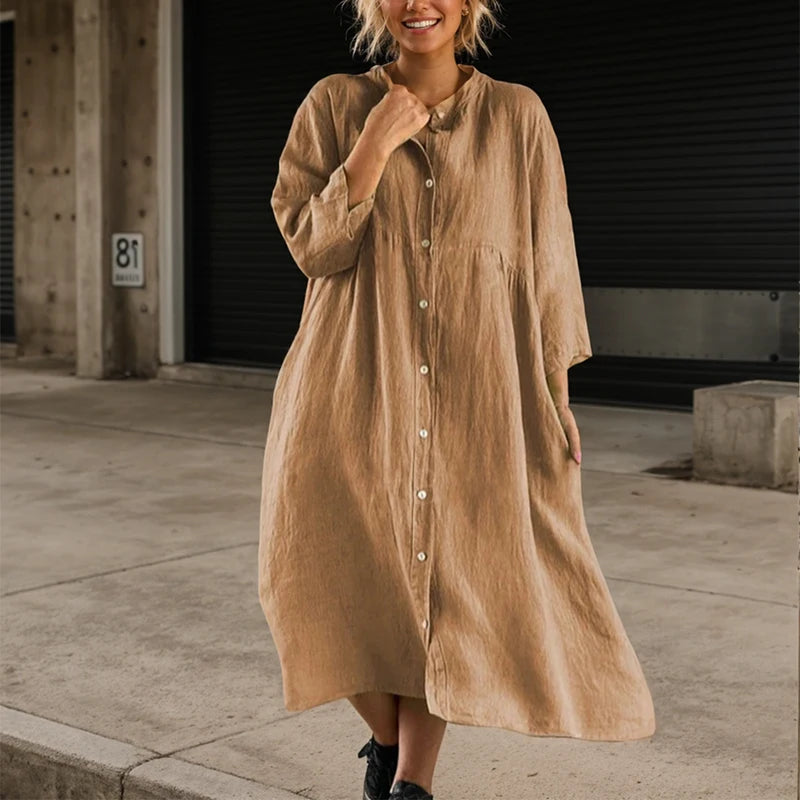 Casual Dress Long Sleeve Button O-neck Loose Solid Fashion Elegant Dress