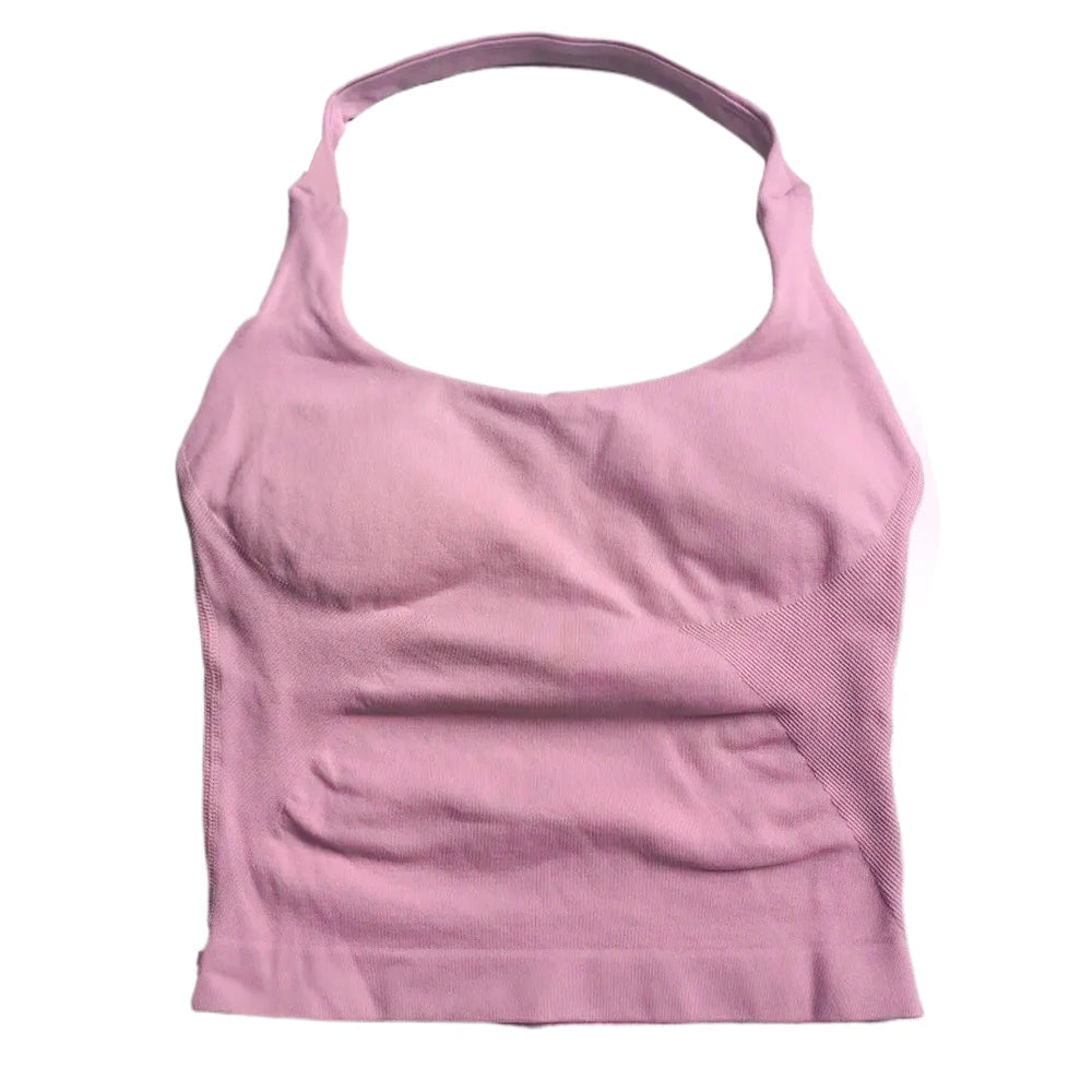 Strappy Workout Tank Top Padded Sports Bra Backless Yoga Shirts Seamless Gym Crop Top Halter