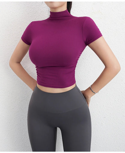 Sports Crop Tops For Women Yoga Wear Short Sleeve Solid Color T shirt