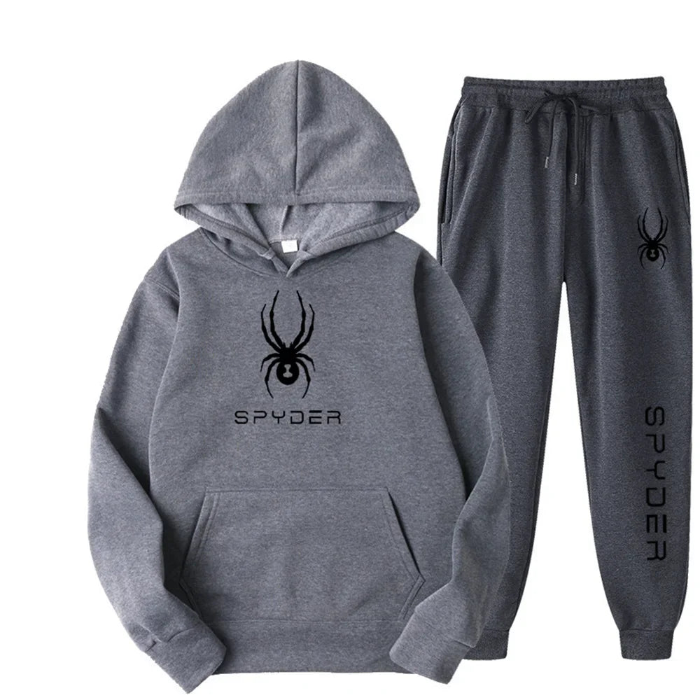 .A casual sports outfit consisting of a long-sleeved hooded t-shirt and elastic-waist pants.