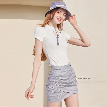 Short Sleeve Tops Golf T-shirts Quick-dry Breathable Shirts Lace Up Pleated Golf Skirt