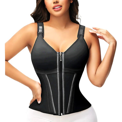 Double Compression Vest Bra Waist Trainer Corset with 17 Steel Bone Flat Belly Strap Slim Body Shaper