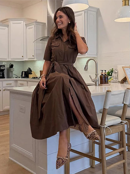 Casual Striped Women Summer Dress Lapel Single Breast Half Sleeve Slim Waist Long Dresses 2026 Autumn Lady Fashion Vacation Robe