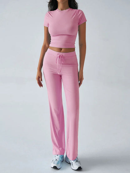 Women's Casual Lounge Set - Short Sleeve Top & Pants Two Piece, Home Wear Yoga Outfit