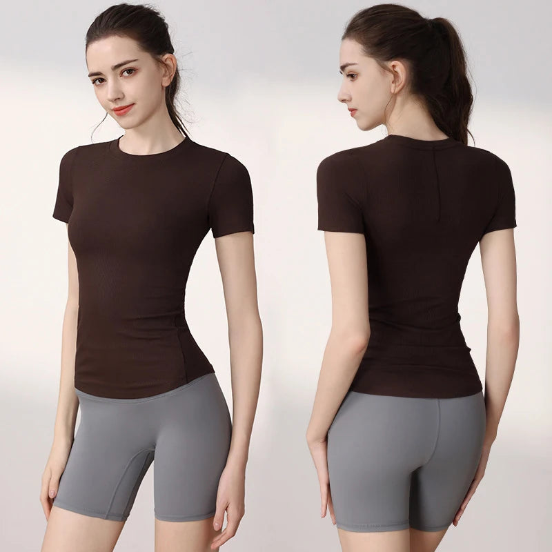 Women Yoga Tops Pilates Aerobic Clothes Tight Short Sleeve Workout Sport Fitness Gym T-shirt Slim Sportswear Blouse