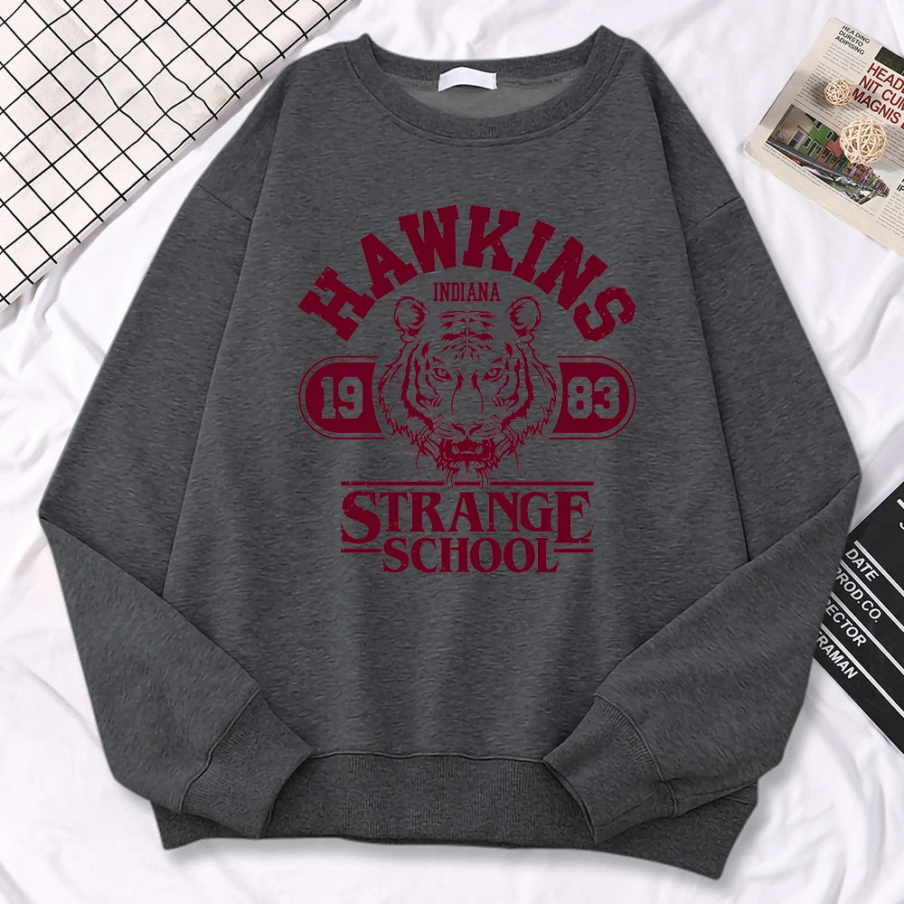 Casual Womens Sweatshirt Hawkins High School Indiana 1983 Printing Hoodies Loose Crewneck Pullovers Warm Fleece