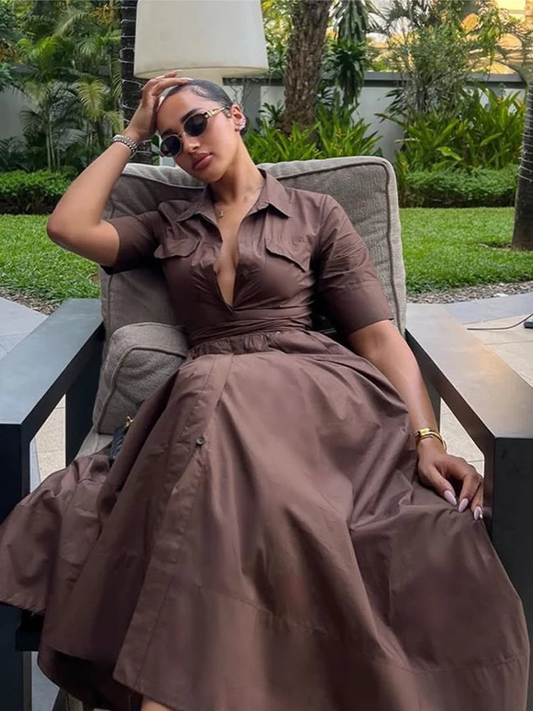 Casual Striped Women Summer Dress Lapel Single Breast Half Sleeve Slim Waist Long Dresses 2026 Autumn Lady Fashion Vacation Robe